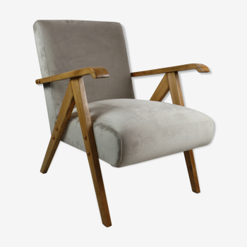 Fauteuil vintage beige en velours, années 1970