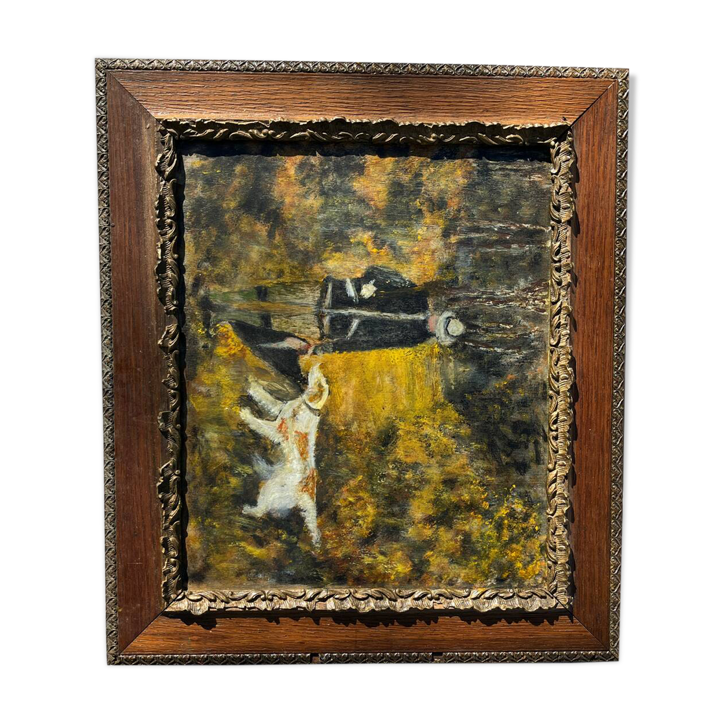 Tableau chasseur et chien ancien