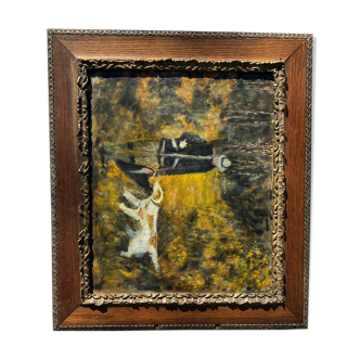 Tableau of a hunter and an old dog.