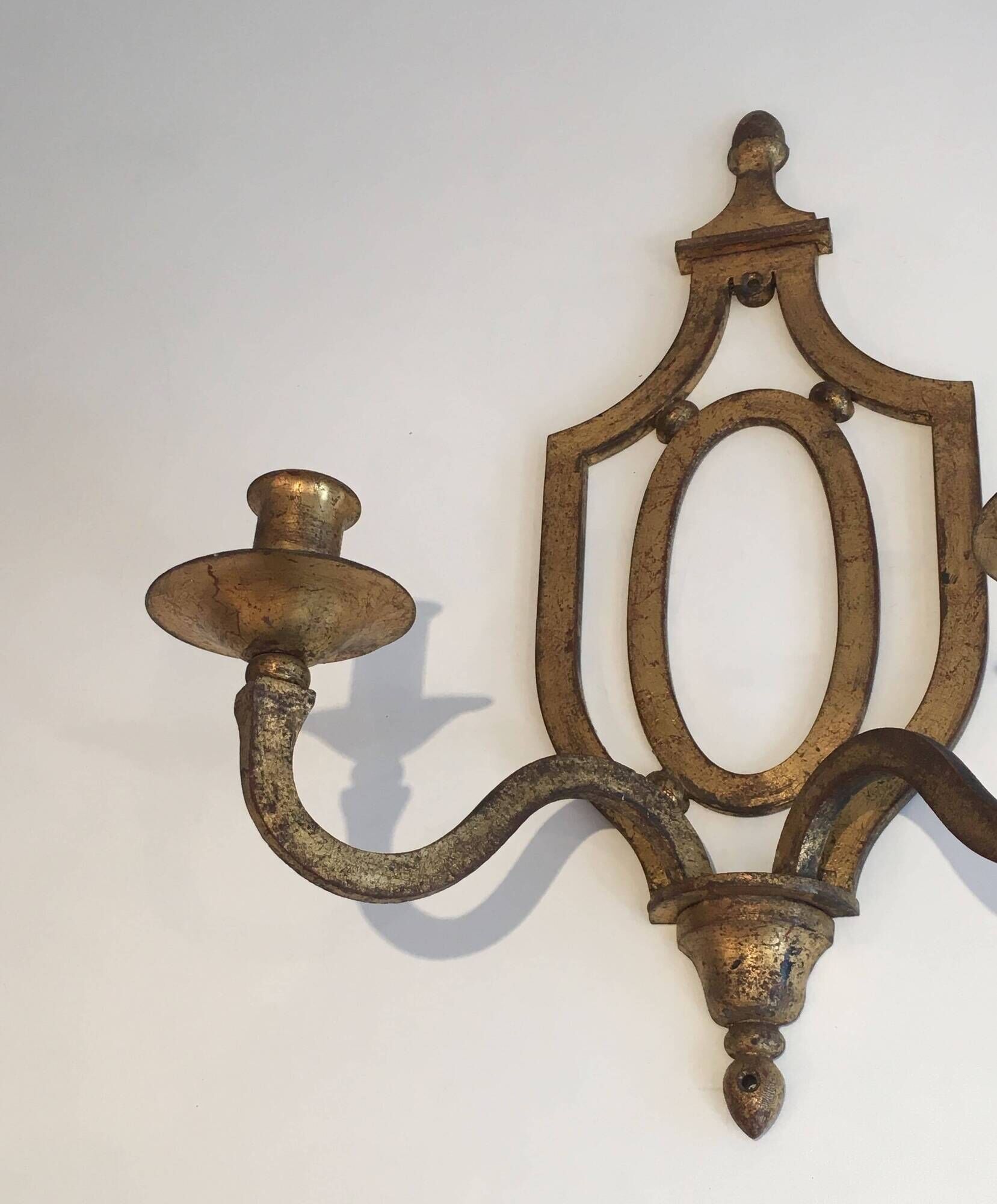 Golden Wrought Iron Wall Light with Oval Shield and Two Arms. French Work.