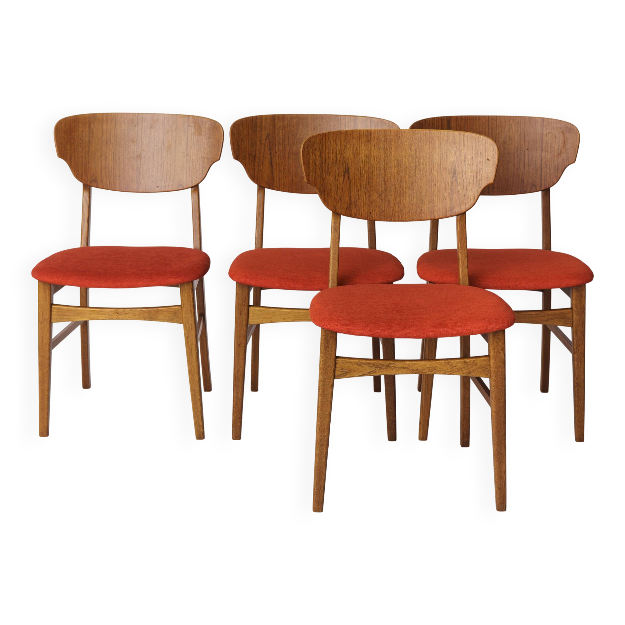 Set of 4 Danish Dining Chairs – Teak & Oak, 1960s, Red-Orange Upholstery