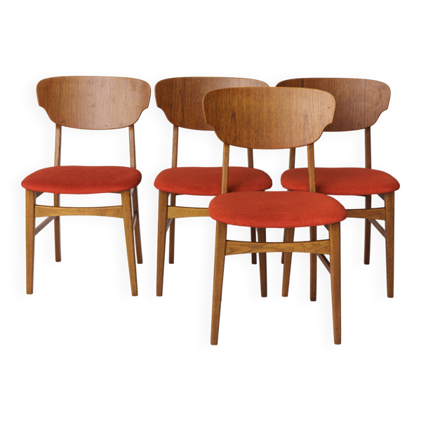 Ensemble de 4 chaises de salle à manger danoises – Teck et chêne, années 1960, revêtement rouge-orange