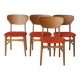 Ensemble de 4 chaises de salle à manger danoises – Teck et chêne, années 1960, revêtement rouge-orange