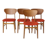 Set of 4 Danish Dining Chairs – Teak & Oak, 1960s, Red-Orange Upholstery