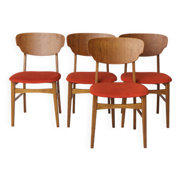 Set of 4 Danish Dining Chairs – Teak & Oak, 1960s, Red-Orange Upholstery
