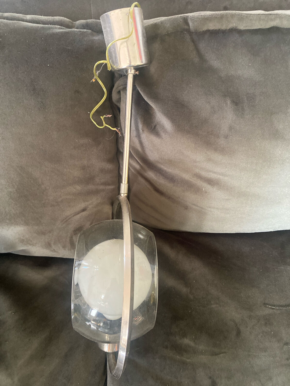 Modernist suspension 1970. Chrome and smoked globe.