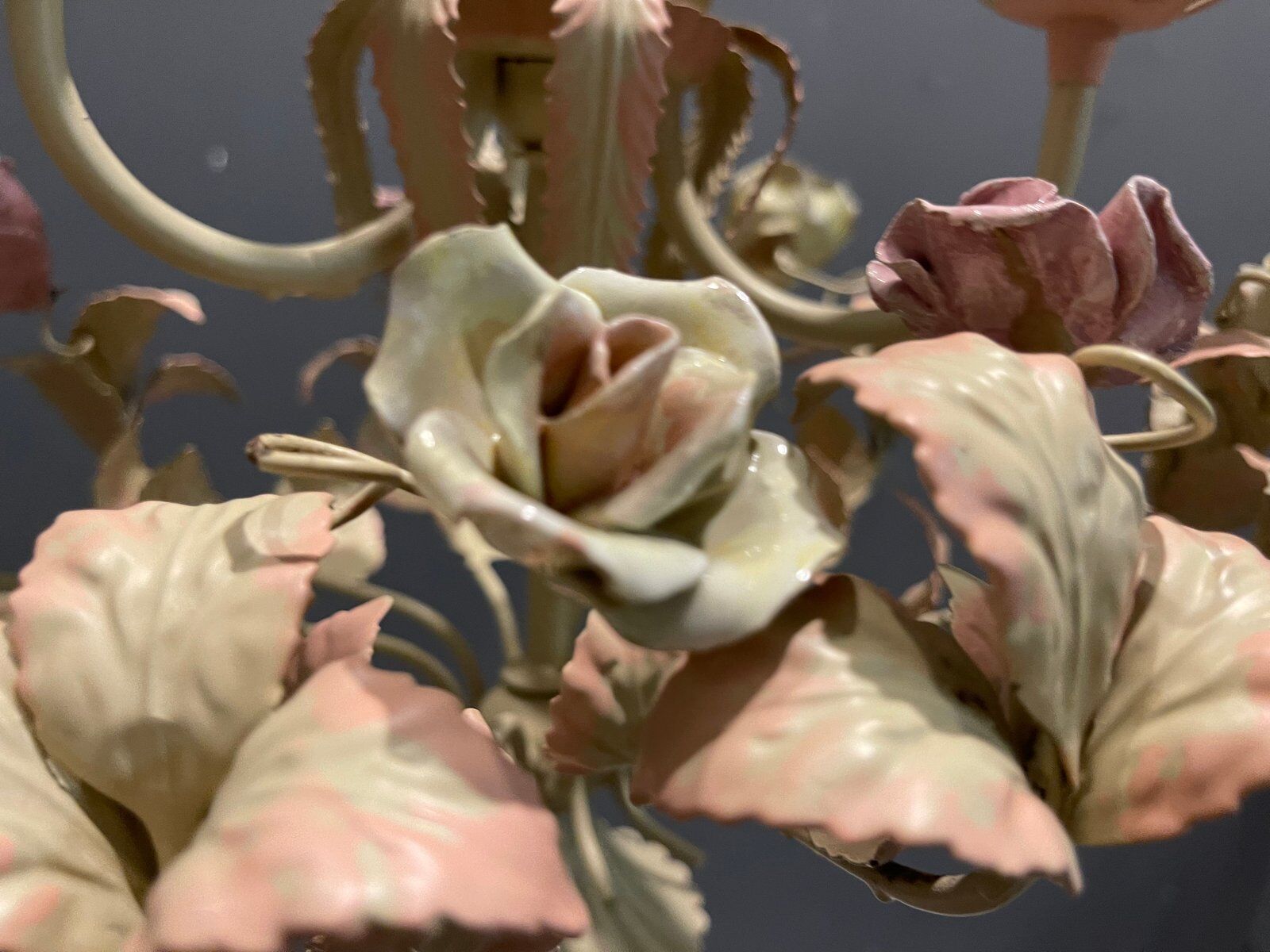 Italian Tole and Ceramic Rose Chandelier