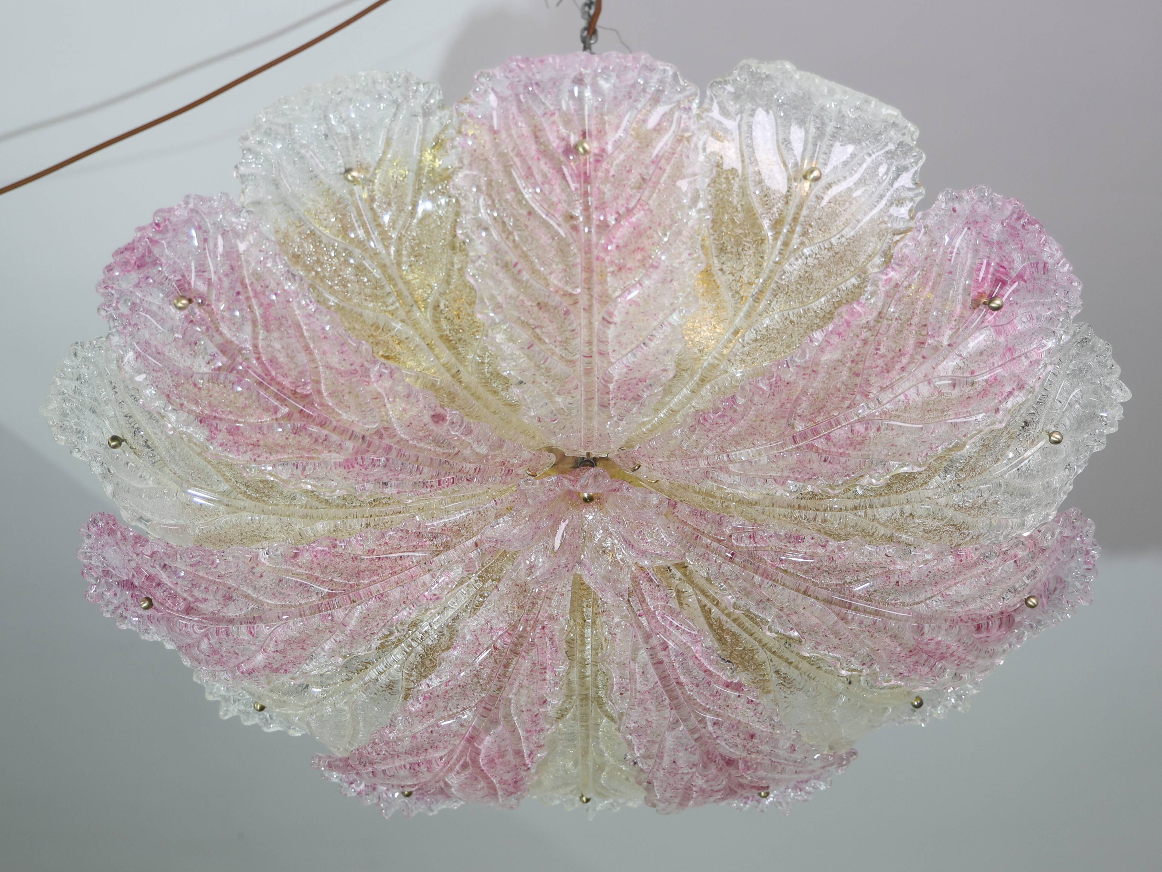 Large Size Pink and Transparent Murano Glass Leave Ceiling Light or Chandel