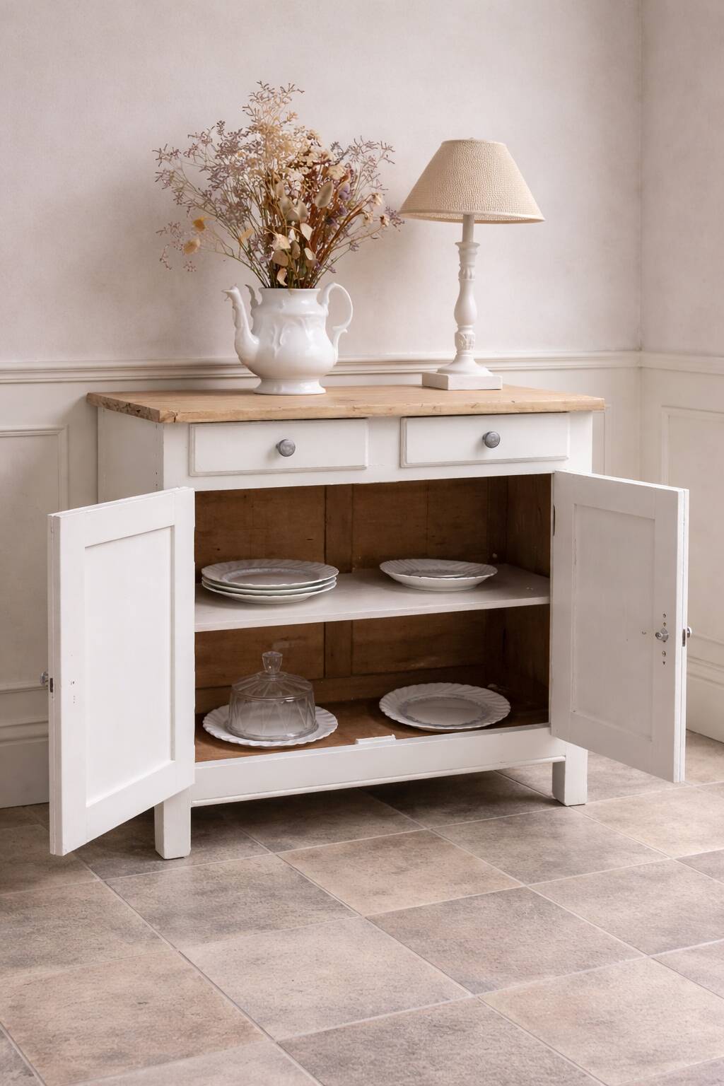 Vintage Parisian buffet re-enchanted in pearl grey, wooden top.
