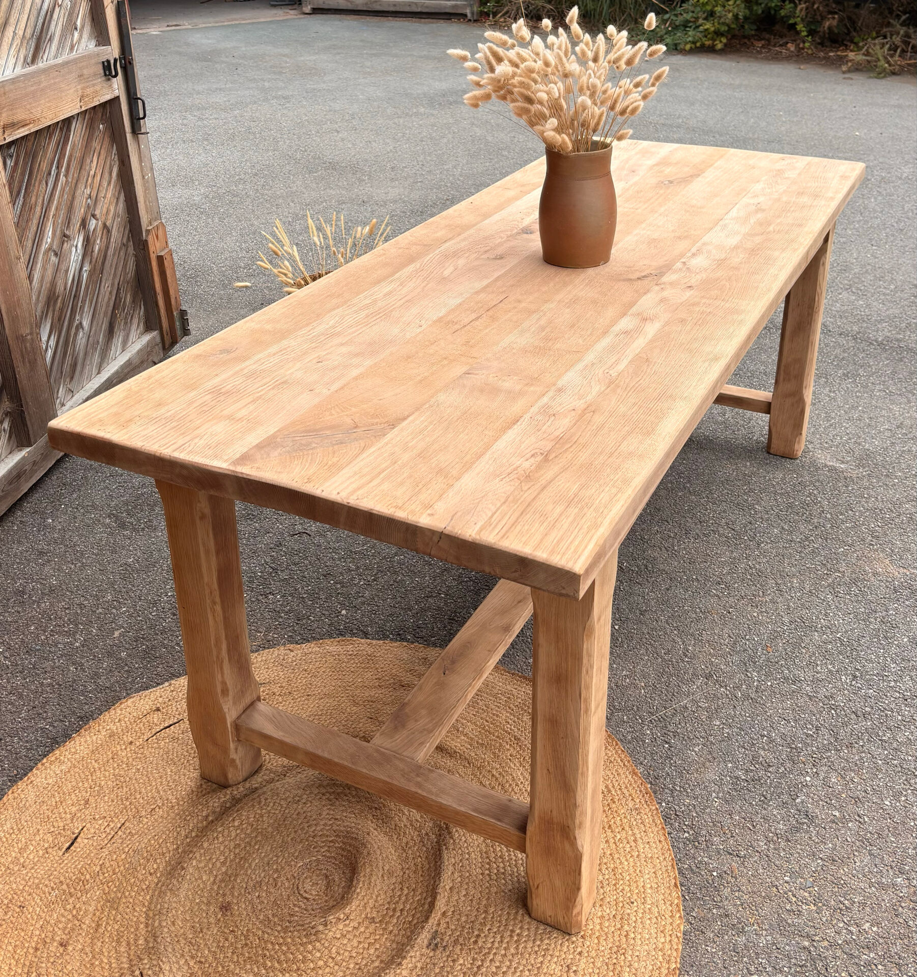 Large antique farmhouse table in raw solid oak.
