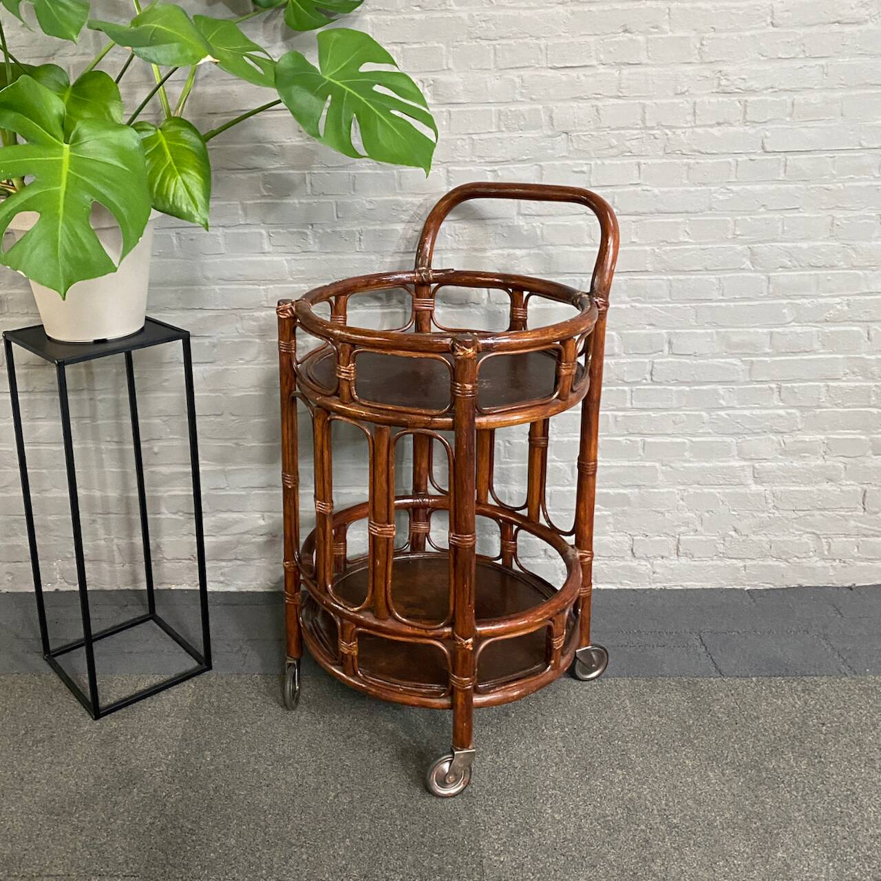 Round bamboo & rattan bar cart - italy 1960's