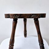Rare Tabouret De Traite Ancien Tripode Bois Massif Sculpté Art Populaire