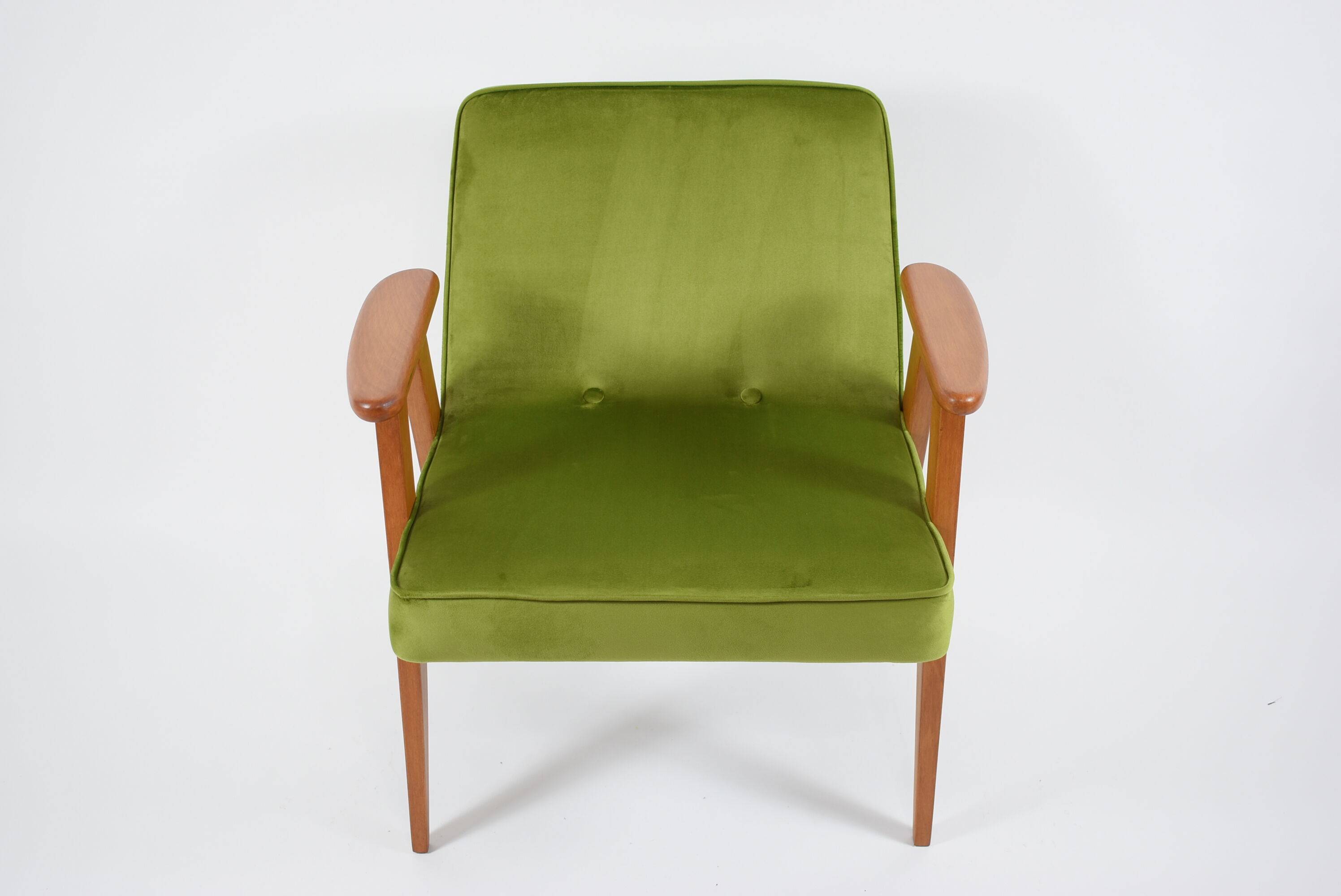 Vintage restored armchair, model 366, designer J. Chierowski, olive velvet