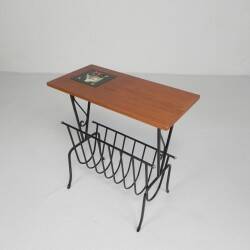 Vintage side table, magazine rack with Hemiksem tile, 1950s