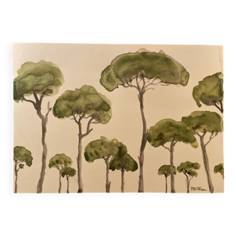 Signed watercolor painting “Lubéron pine forest”