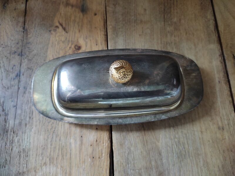 Butter dish silver metal cup glass acorn gilded