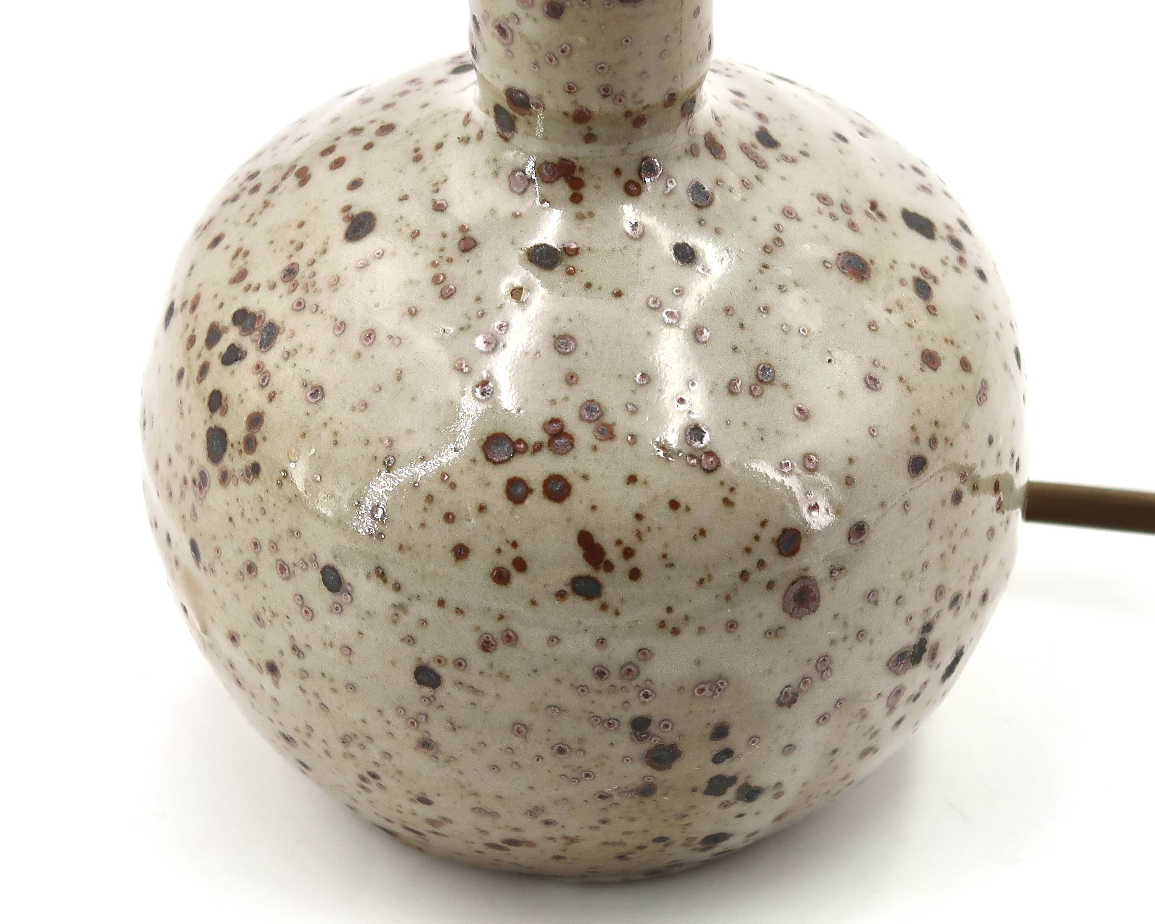 Guy Baudat stoneware ceramic ball lamp, raffia lampshade, 1970s