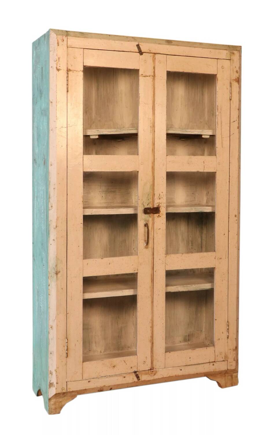 Teak display cabinet with a white-green patina.