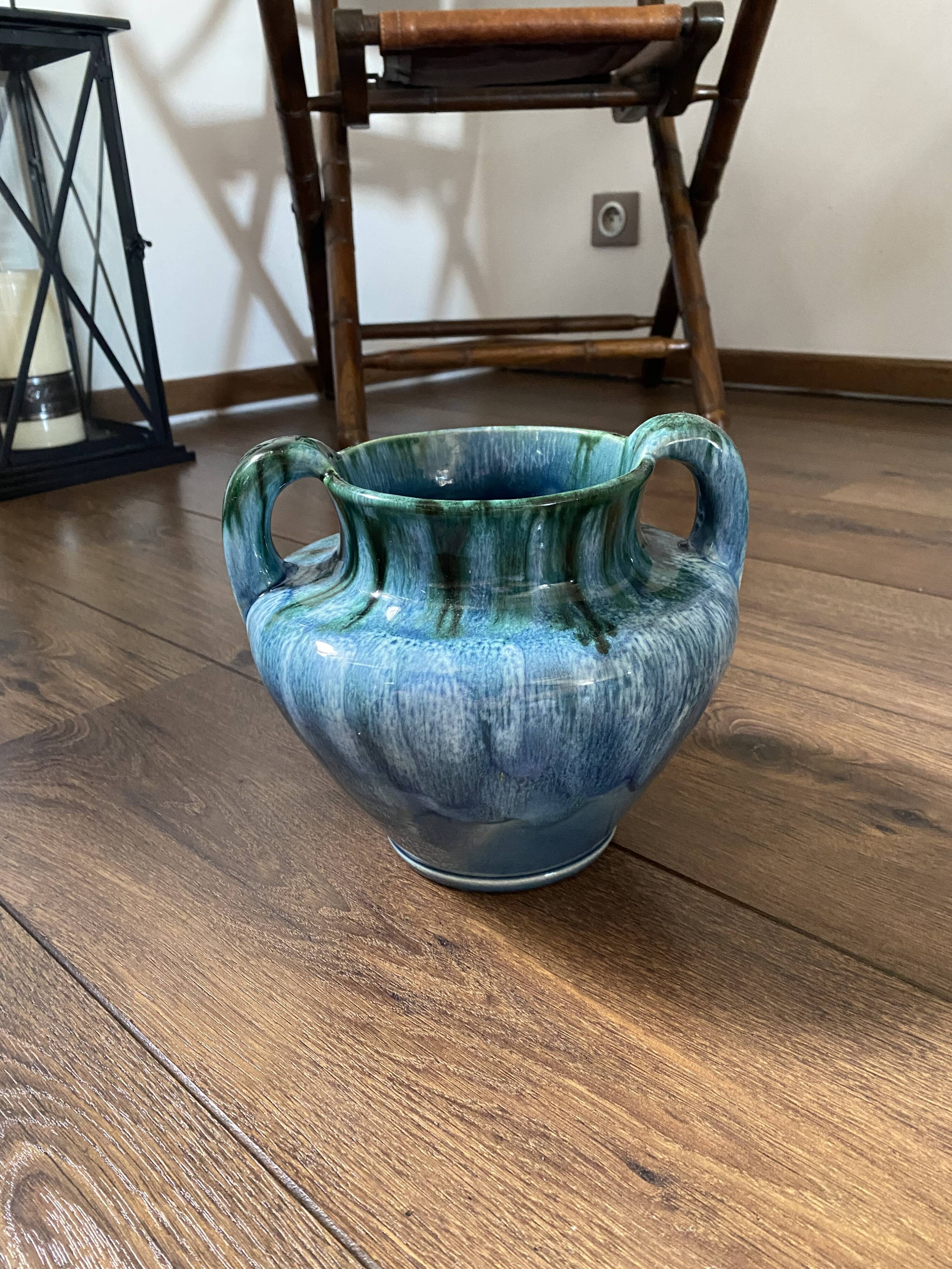 Vase grès flamme bleu vert
