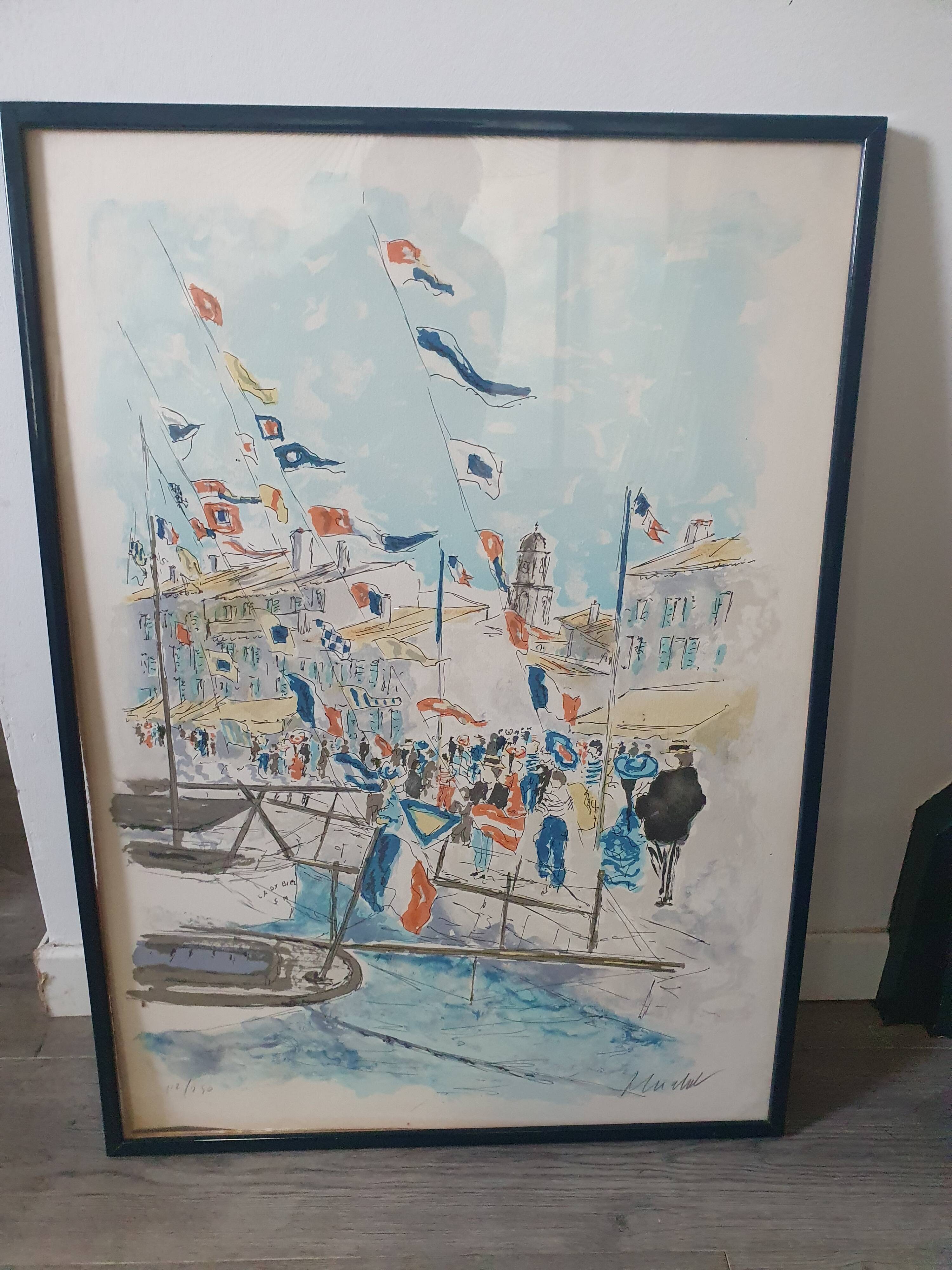 HUCHET lithograph canvas - “Sailboats in Saint-Tropez” Original lithograph in colors