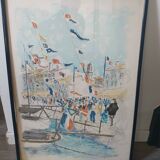 HUCHET lithograph canvas - “Sailboats in Saint-Tropez” Original lithograph in colors