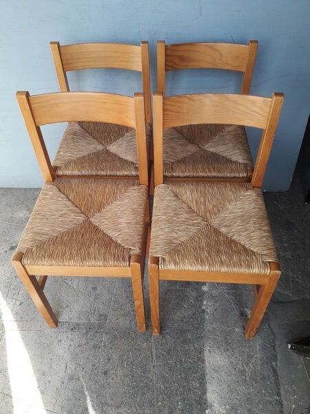 Set de 4 chaises estampillées design bois et paille epoque 1960/70