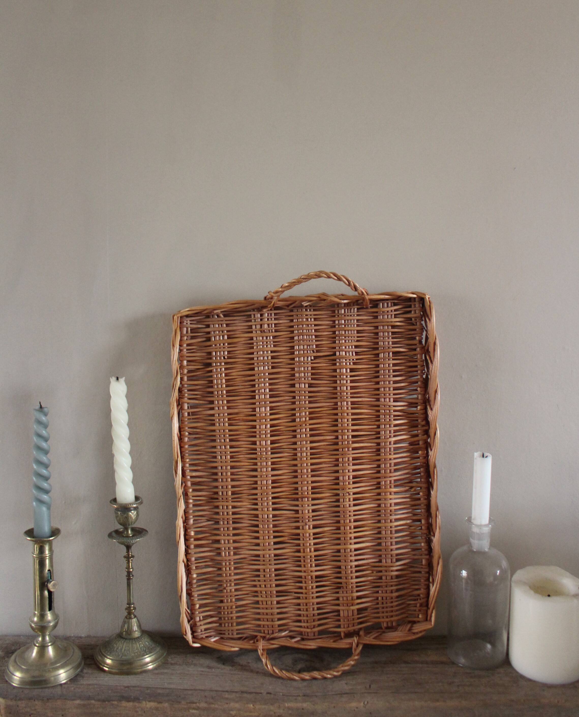 Large rectangular dark wicker tray with two vintage handles