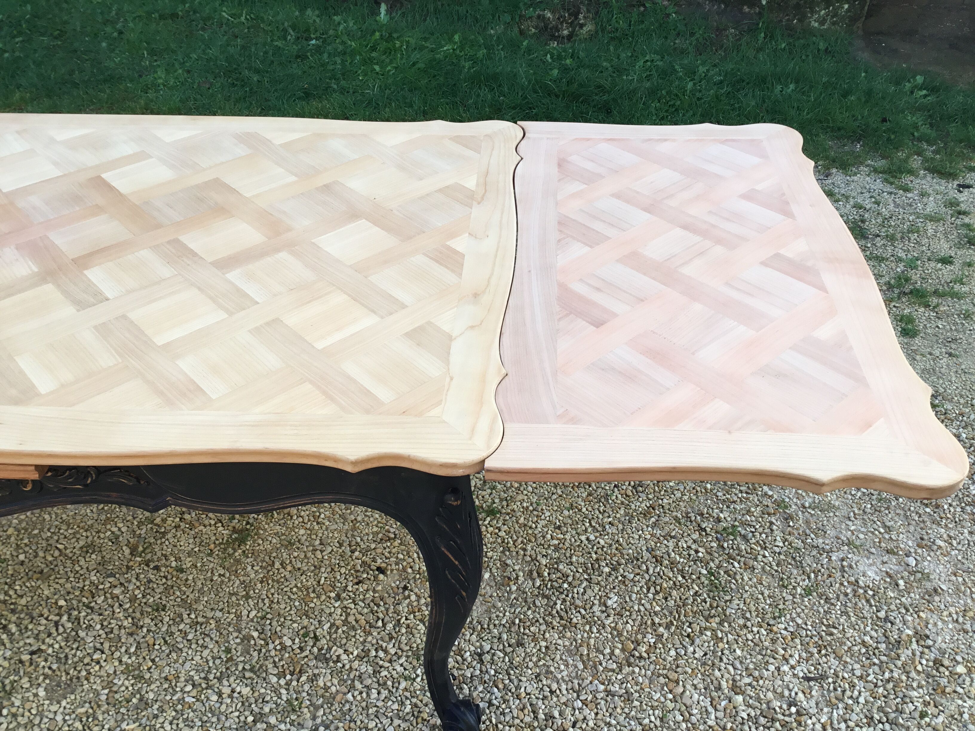 Louis XV style table in cherry wood restyled base in black and raw wood top