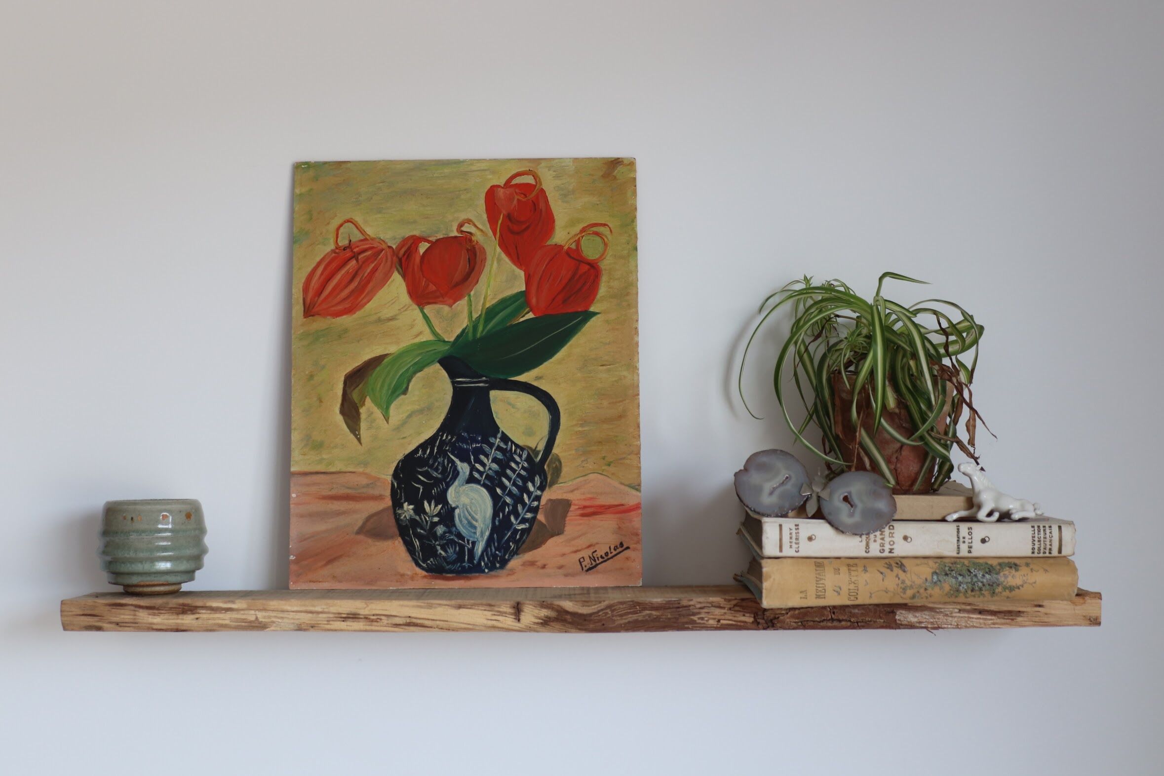 Oil on still life panel, vase with anthuriums