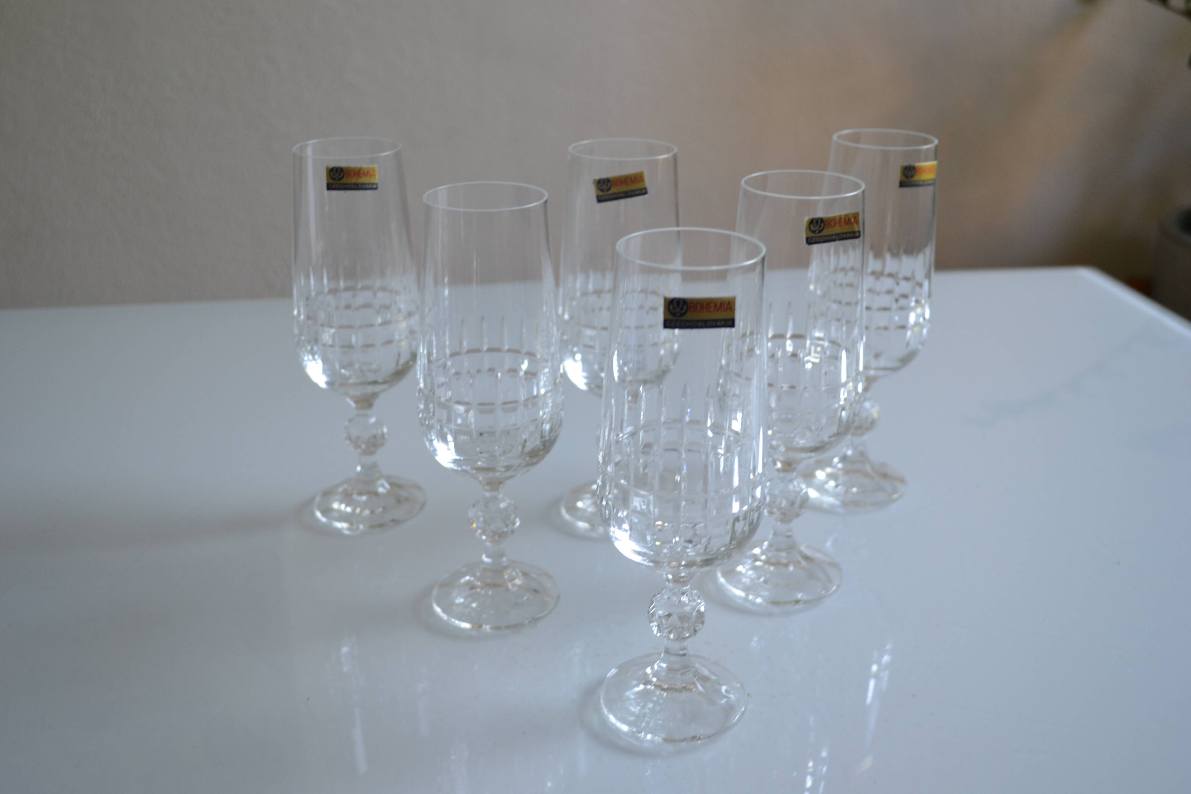6 champagne flutes in Bohemian crystal Czechoslovakia