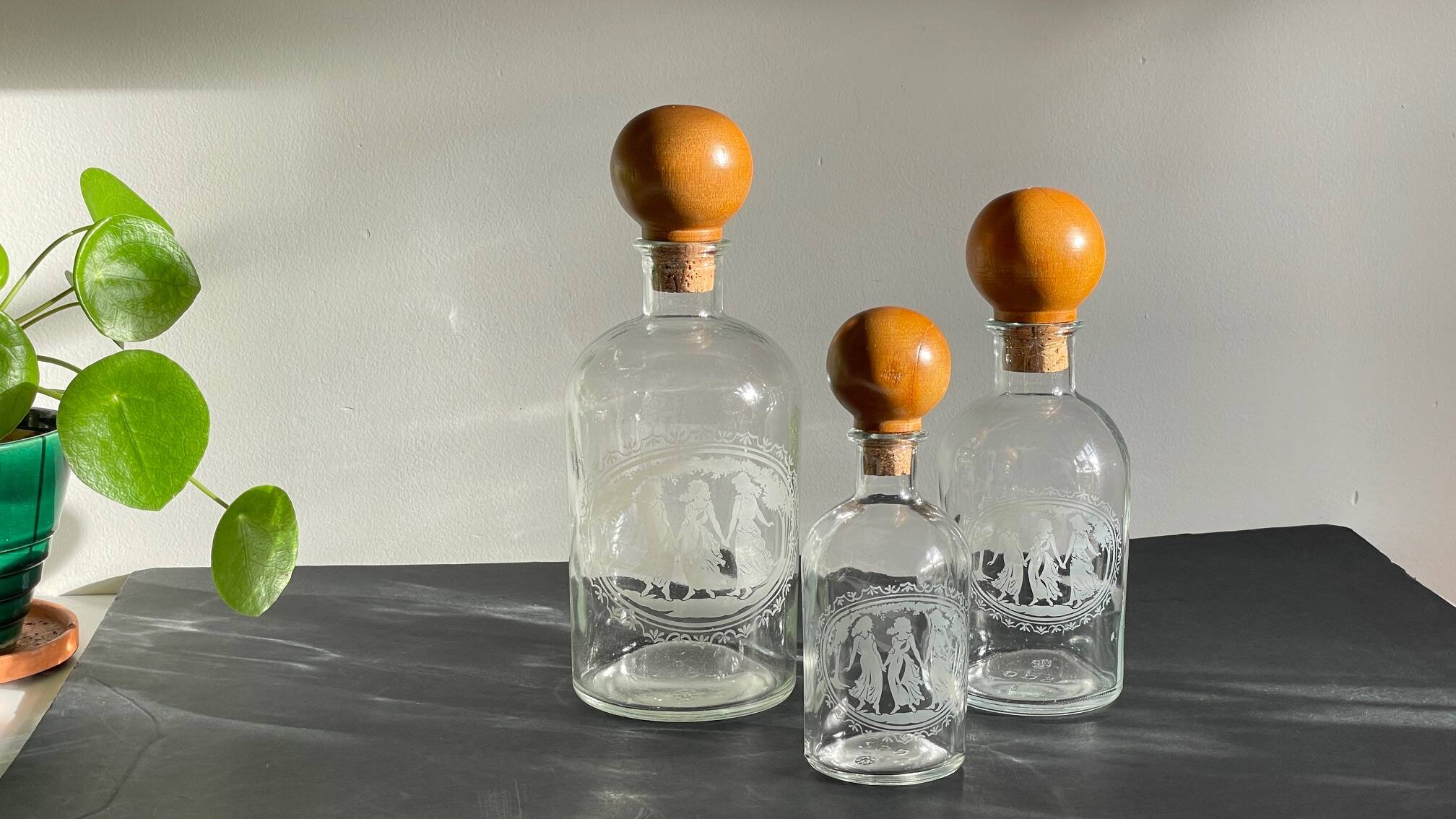 BOTTLES Engraved Glass and VINTAGE Wood