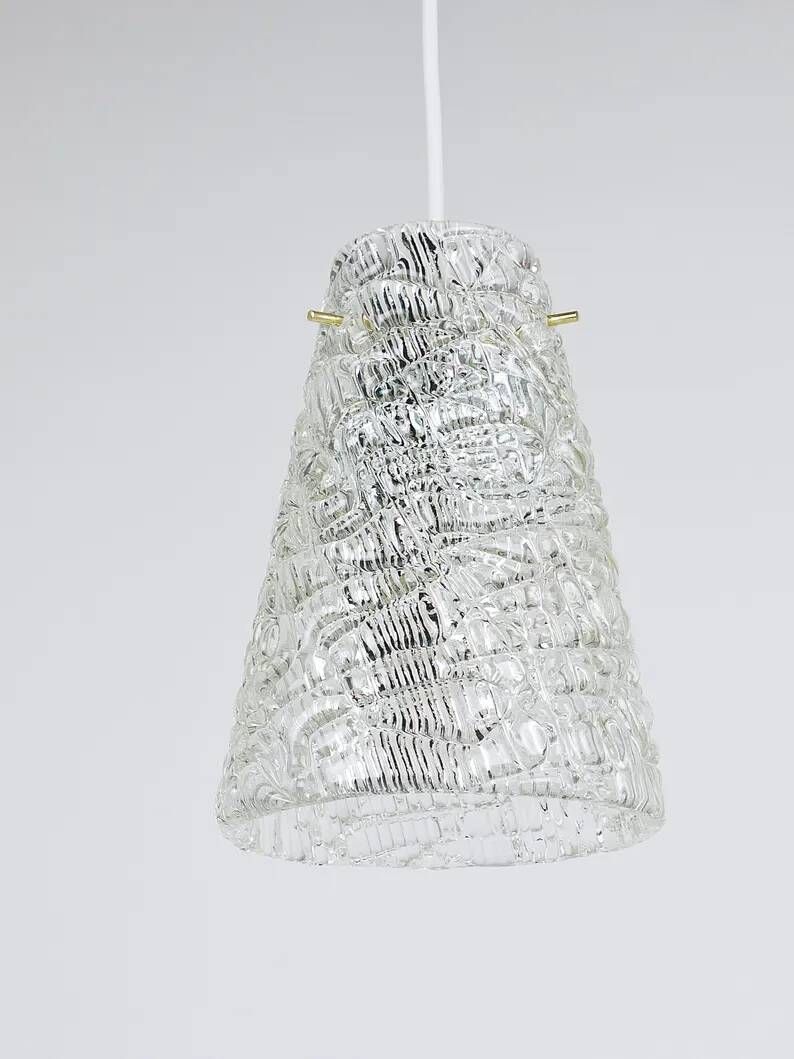 J.T. Kalmar Mid-Century Textured Glass & Brass Pendant Lamp, Austria, 1950s