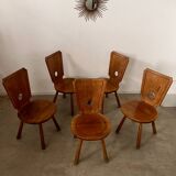 Set of 5 vintage 70s Brutalist design solid wood chairs