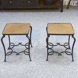 Pair of wrought iron side tables with oak tops, French work