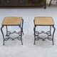 Pair of wrought iron side tables with oak tops, French work