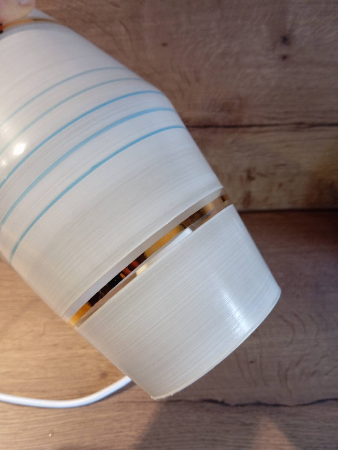 Mid century art deco pendant light fixture, gold striped glass, azure blue