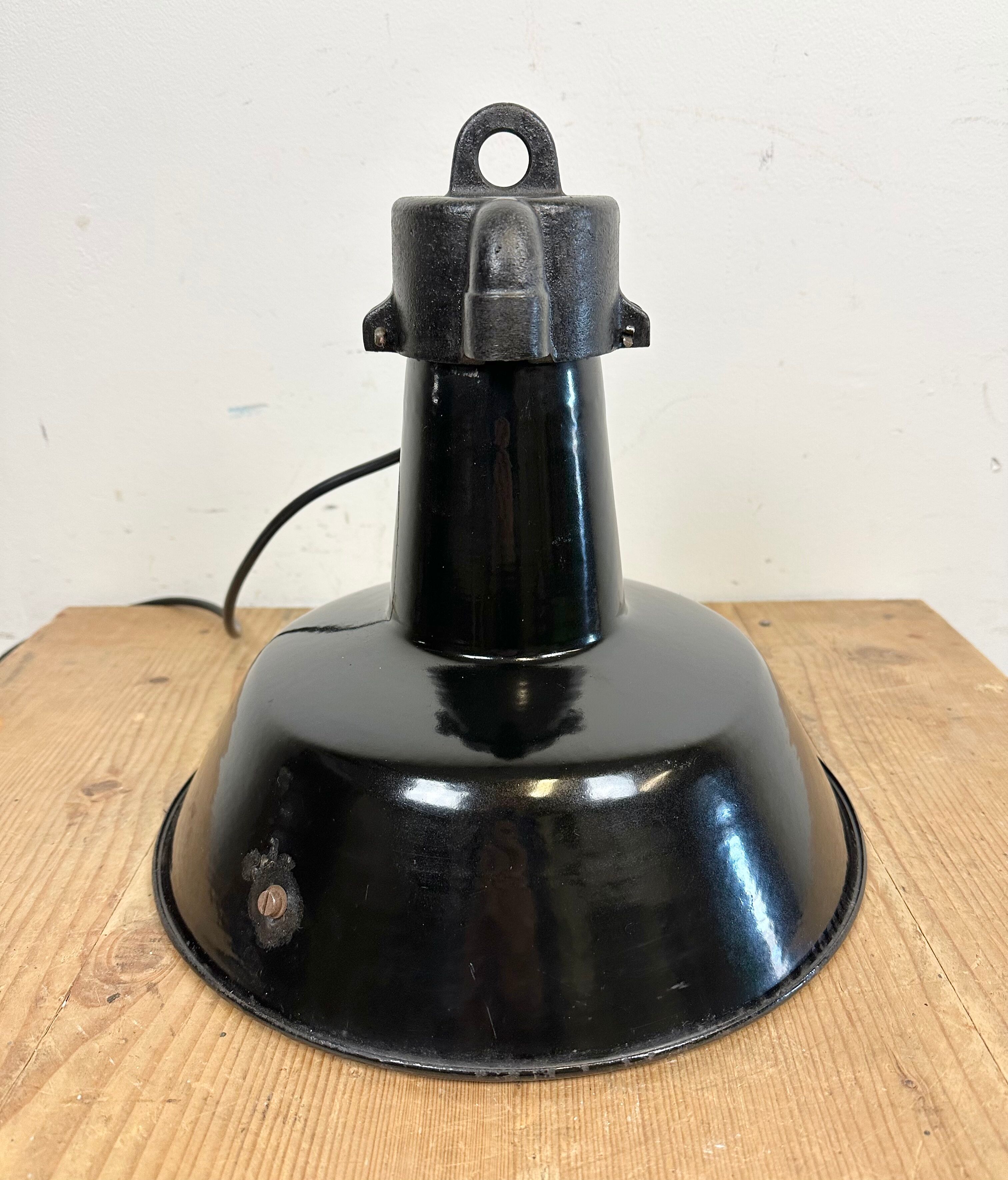 Industrial Black Enamel Factory Lamp with Cast Iron Top, 1960s