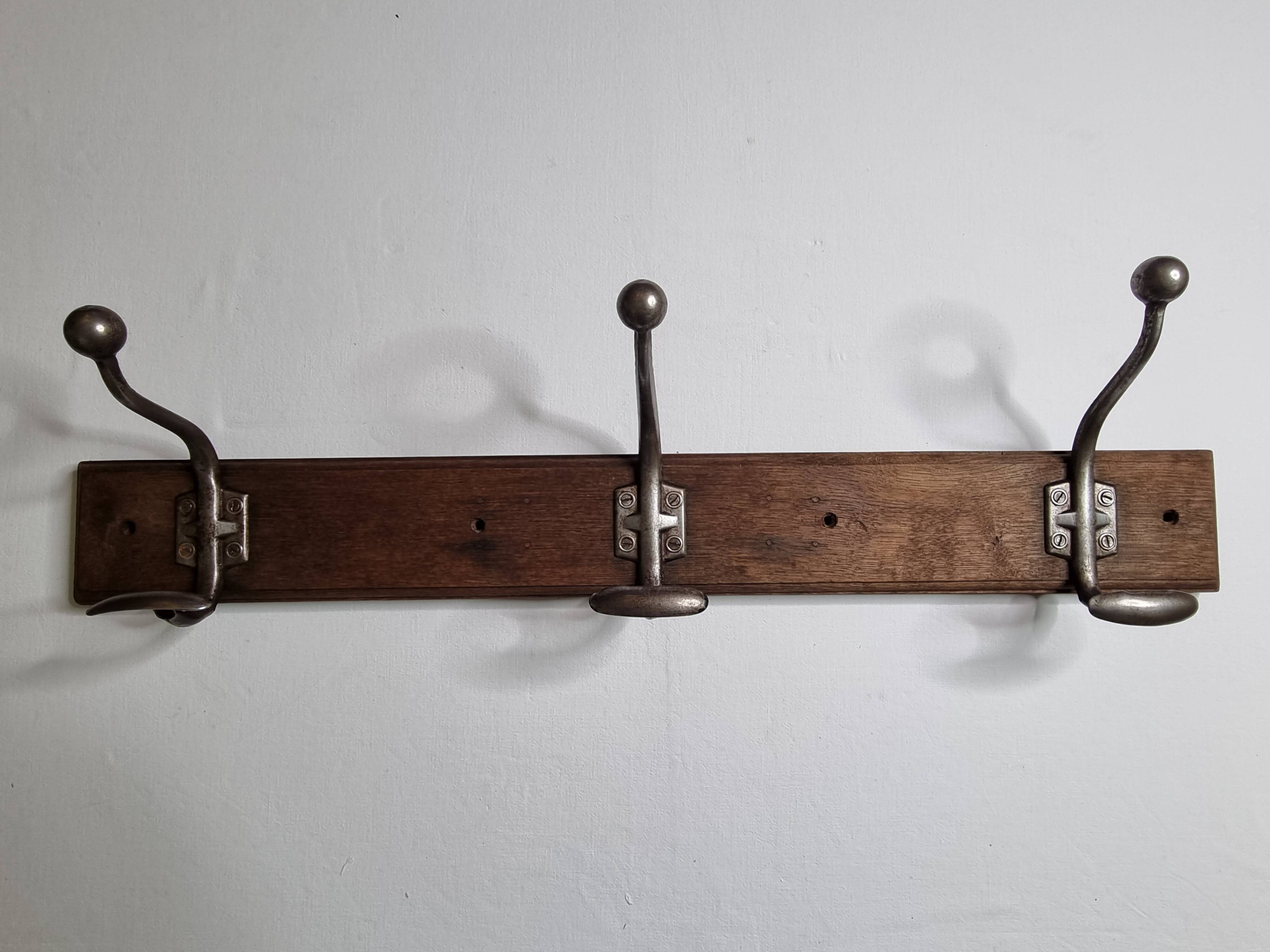 School wall coat rack, old, 3 hooks, 80 cm