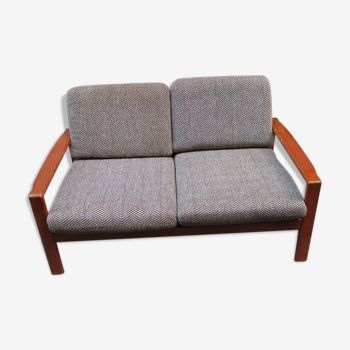 Two-seater Scandinavian sofa made of teak and 60s fabric