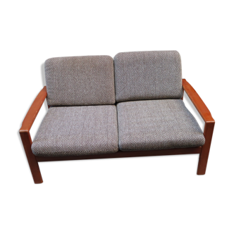 Two-seater Scandinavian sofa made of teak and 60s fabric