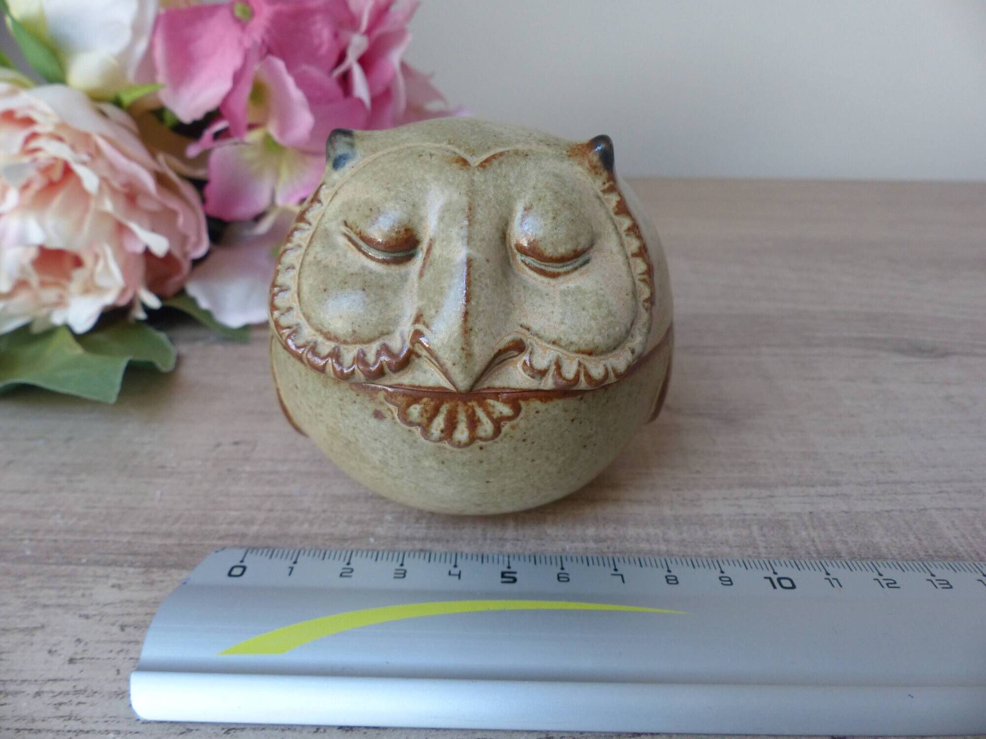 Vintage Japanese pottery owl sugar bowl 1970, zoomorphic owl sugar box