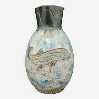 Bouffioulx stoneware carafe pitcher Signed Biron W 15 sea fish decoration TBE