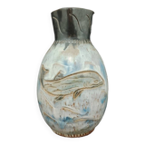 Pichet carafe grès de Bouffioulx Signé  Biron W 15 décor de poisson de mer TBE