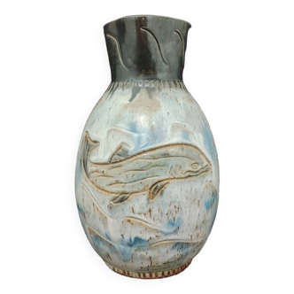Bouffioulx stoneware carafe pitcher Signed Biron W 15 sea fish decoration TBE