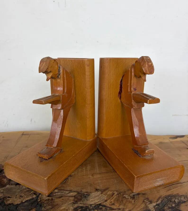 Vintage Mid-Century Cubist German Carved Wood Bookends – Art Deco Style