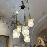 Lustre cascade à 5 feux, verre et laiton, années 60