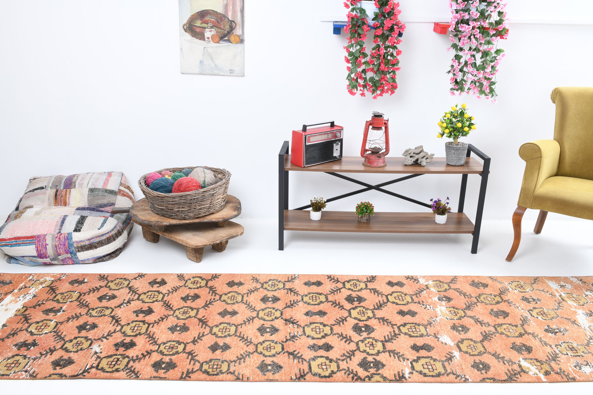 Geometric pattern turkish runner rug 350x85cm