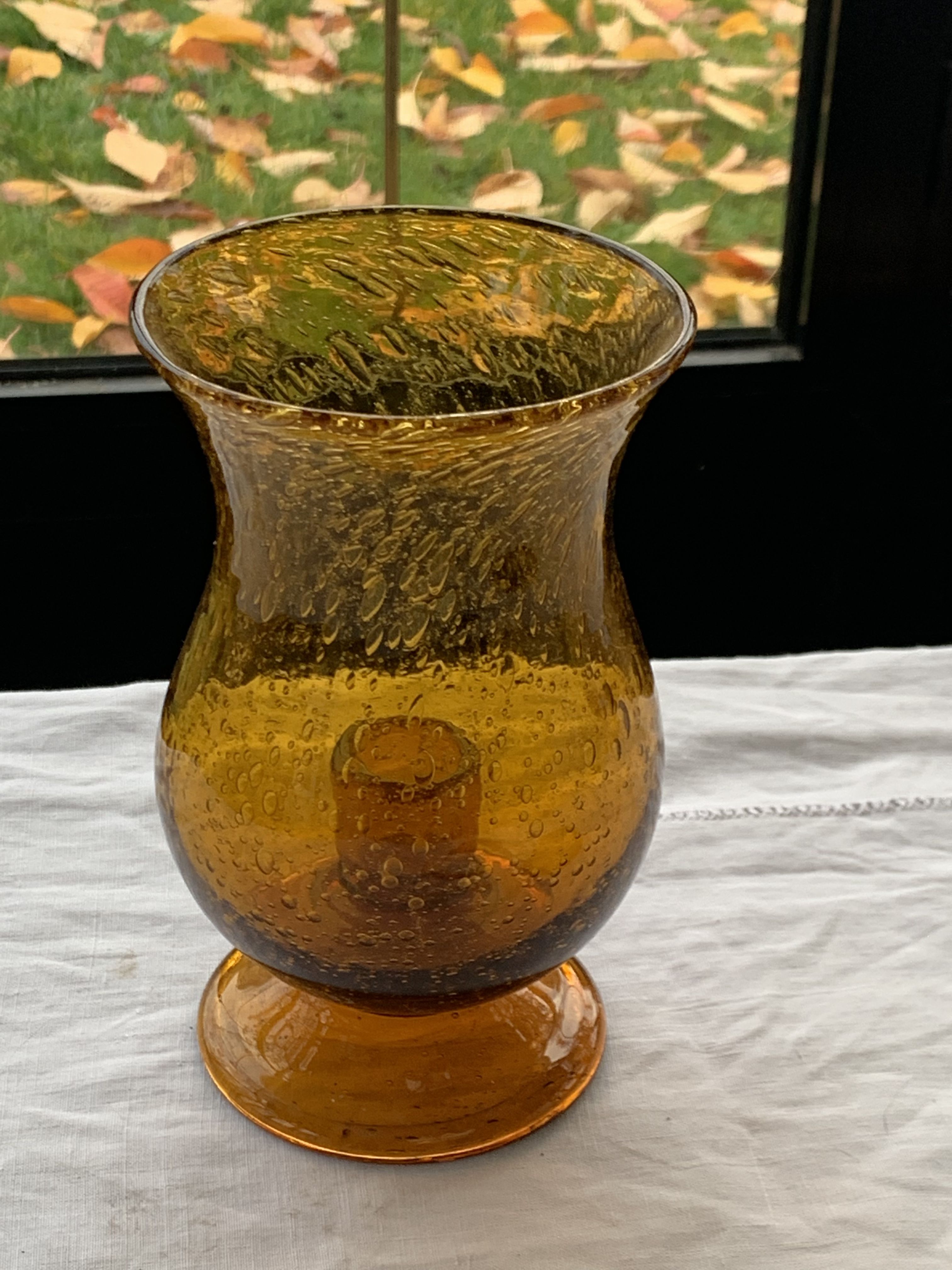 Photophore in bubble glass and hand-blown golden yellow signed vintage biot