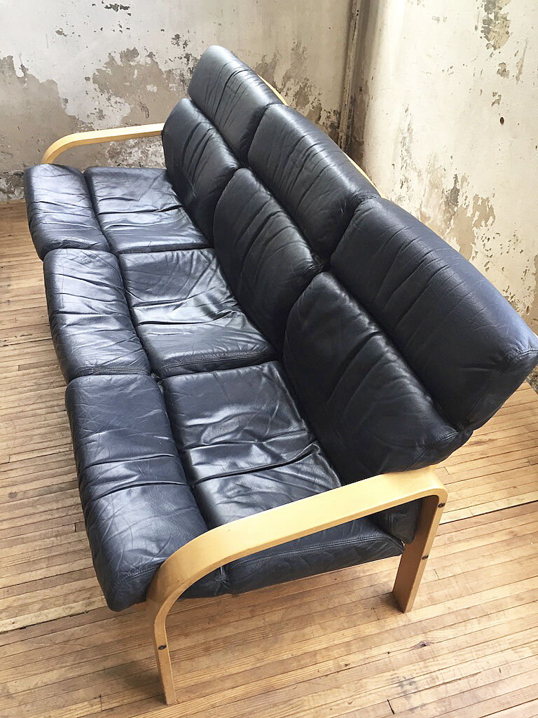 Danish sofa and armchairs curved wood and leather
