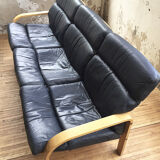 Danish sofa and armchairs curved wood and leather